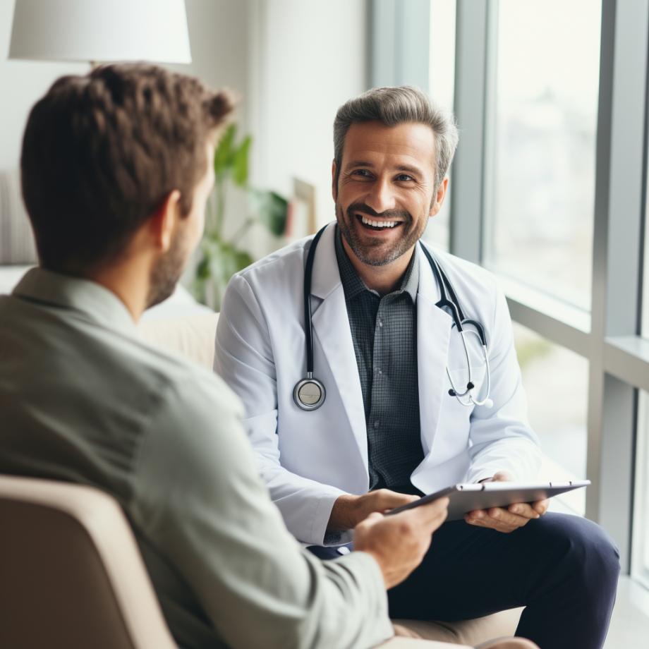 Show a man consulting with a healthcare professional