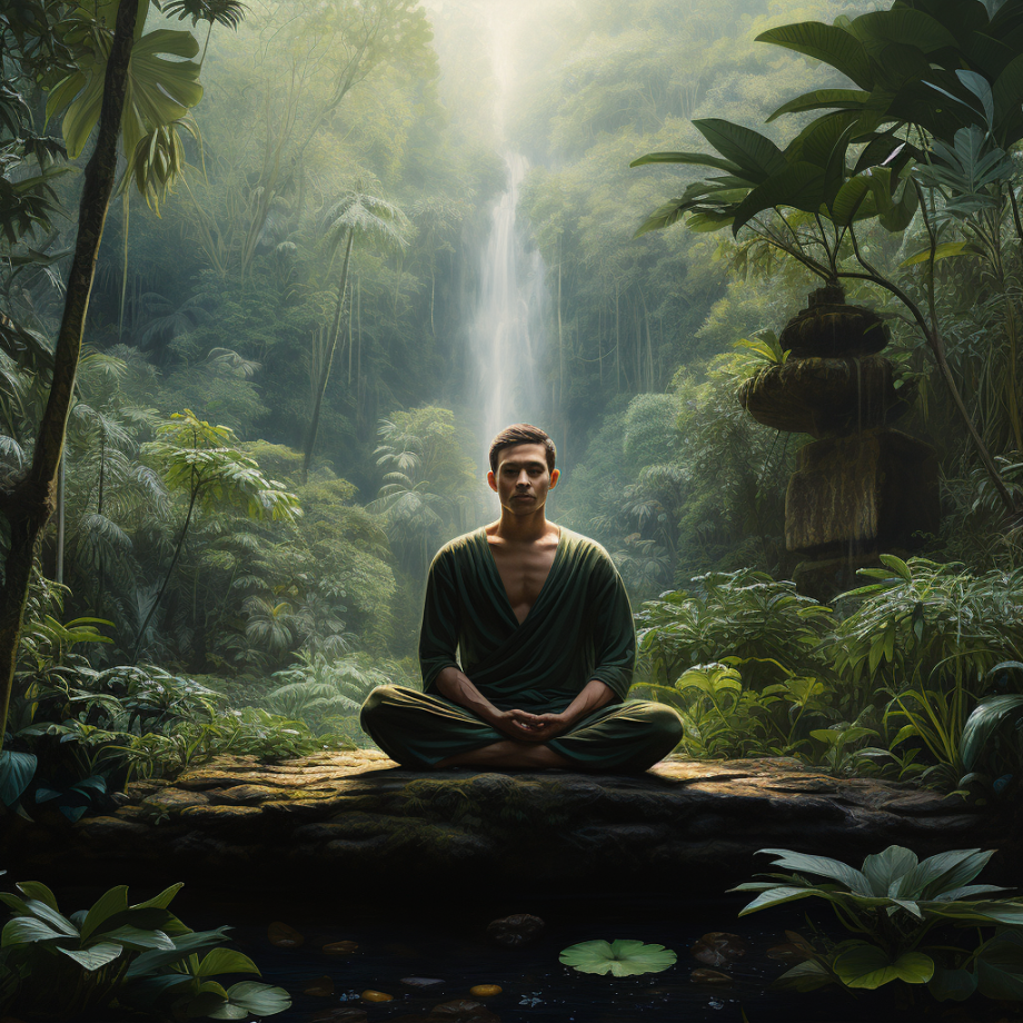 Show a real man meditating amidst the natural beauty