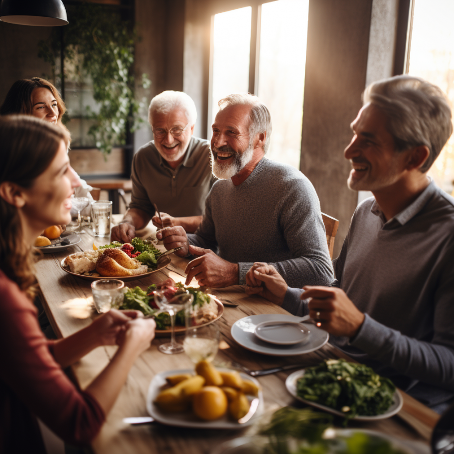 a multigenerational family enjoying a meal together including older men