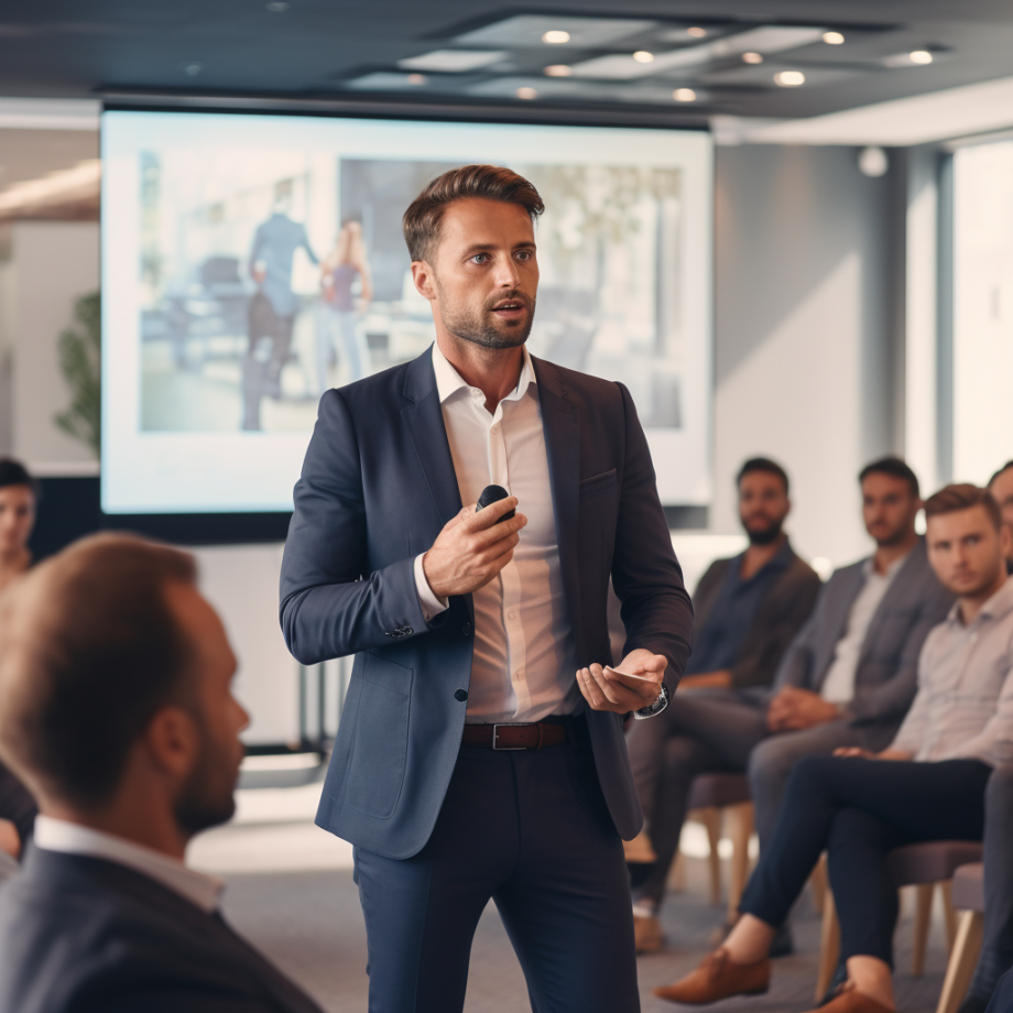 real photo of a career man giving a compelling