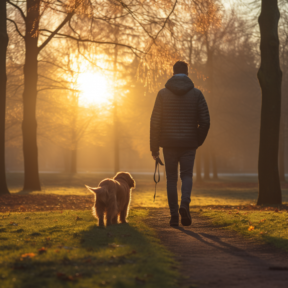 photo of a person taking their dog for a morning walk
