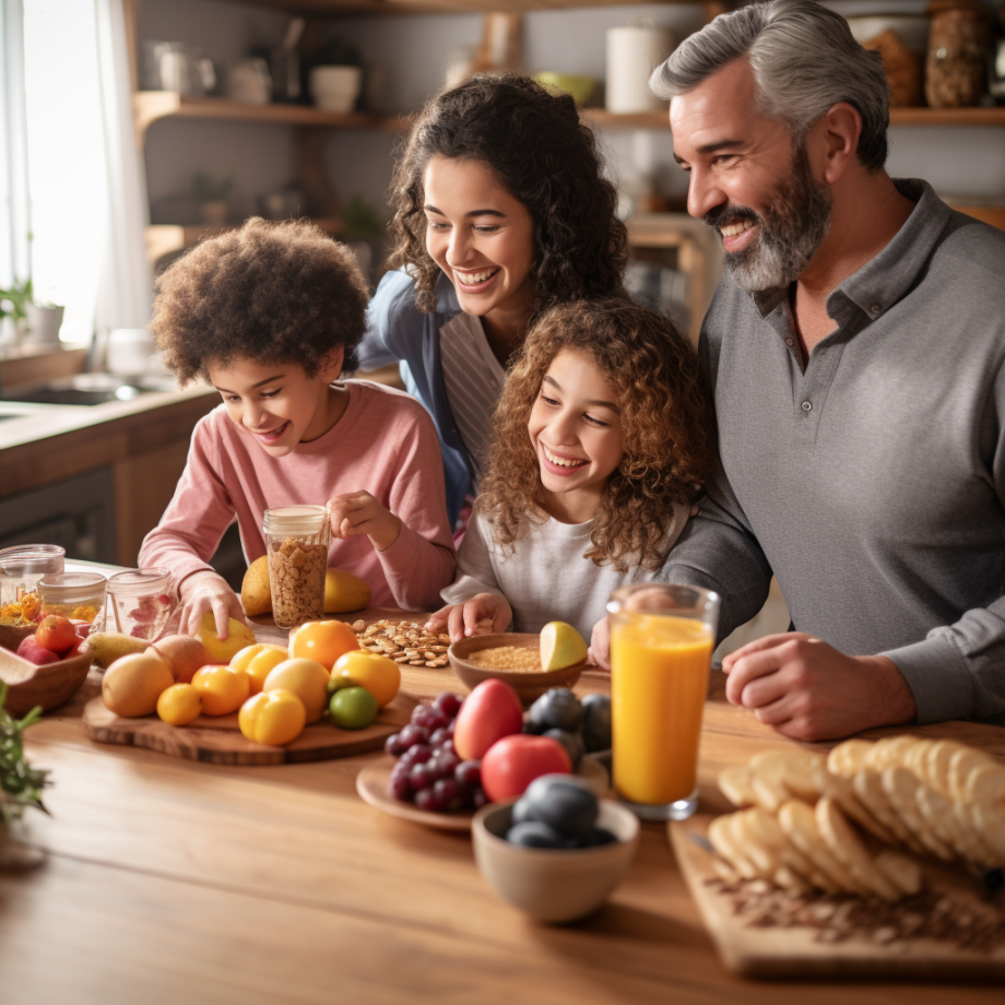 photo of a family is gathered around a table