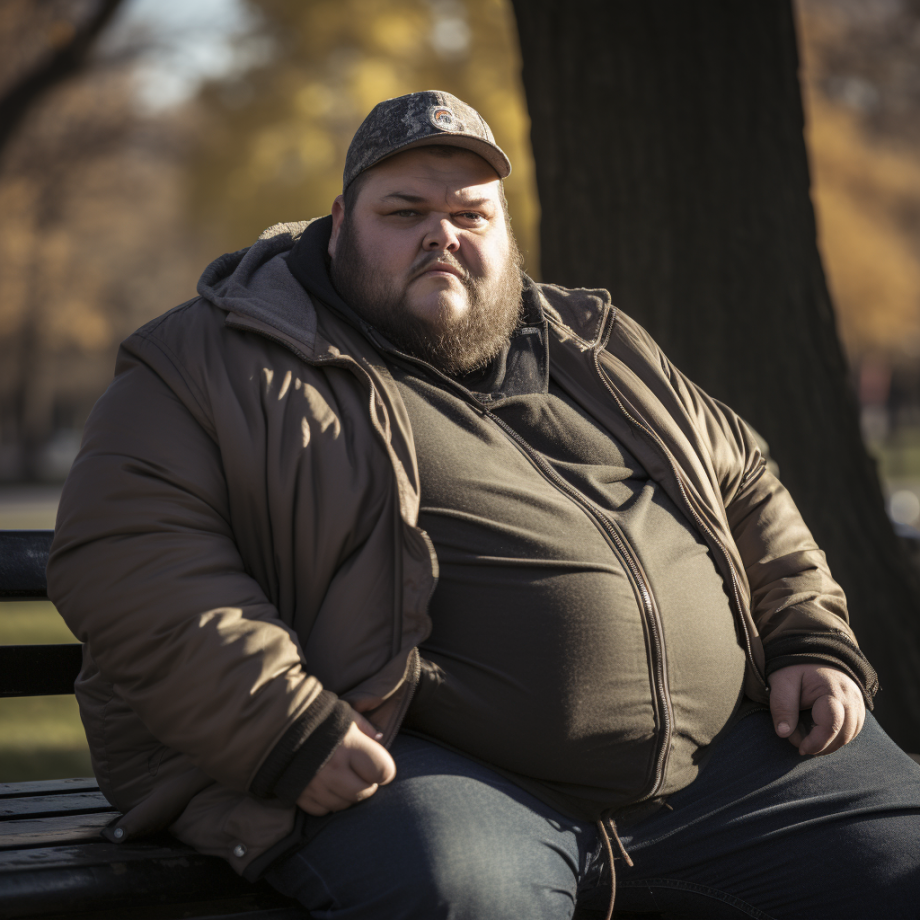 photo of a fat man sitting in the park