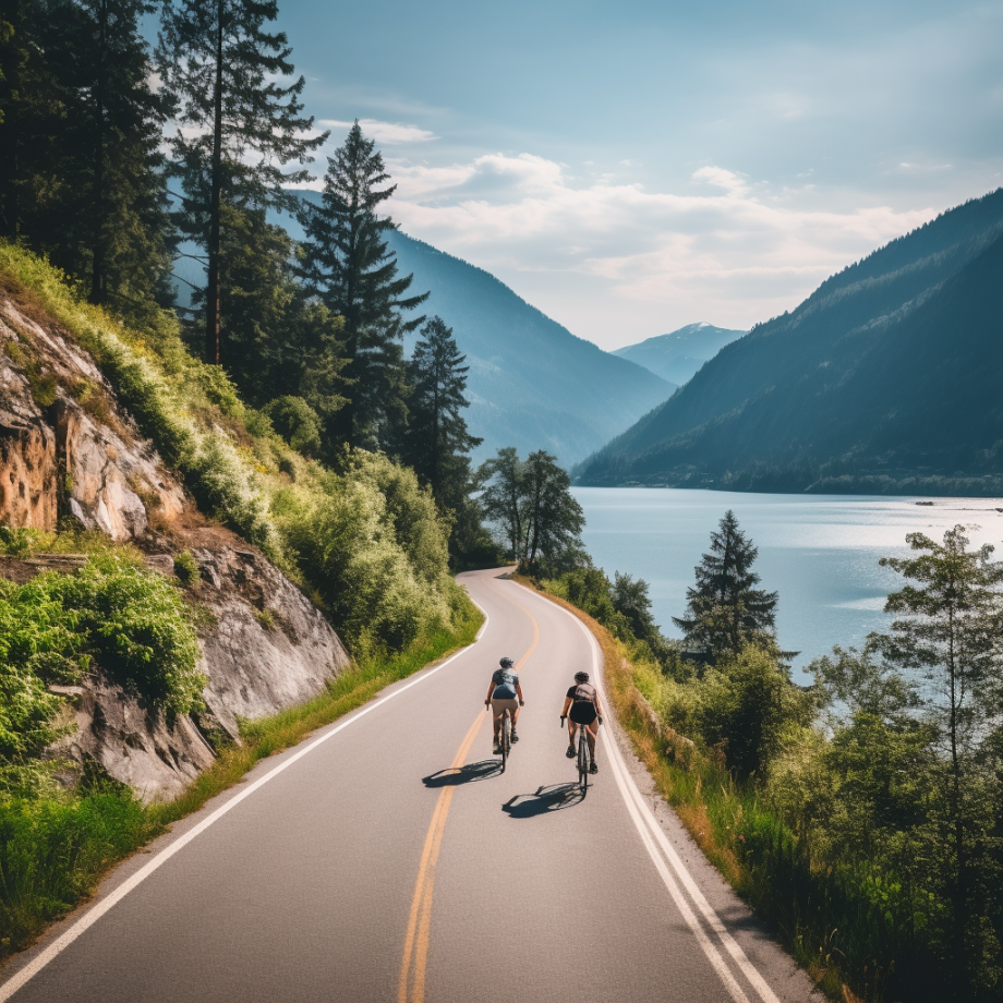 photo of a group of cyclist on a scenic mountain road or by a serene lakeside path