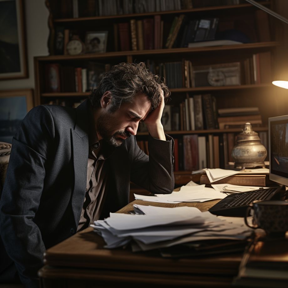 photo of a man at his desk looking fatigued