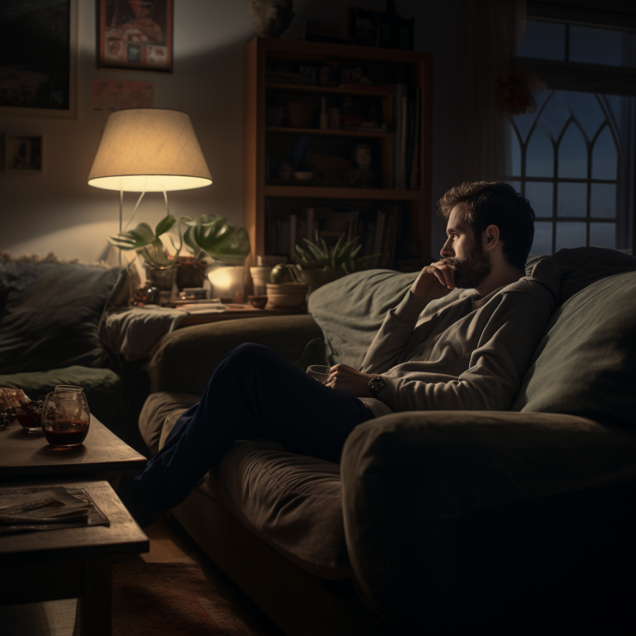 photo of a real man comfortably seated on the couch