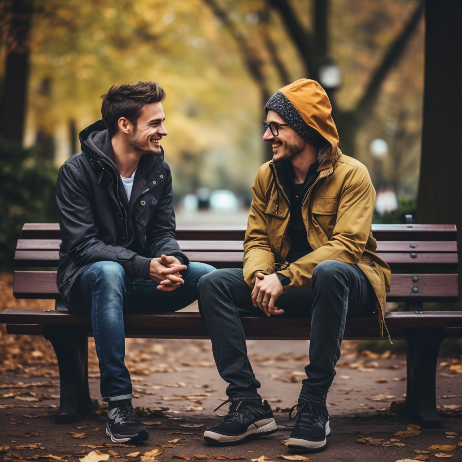 photo of two friends sitting on a park bench